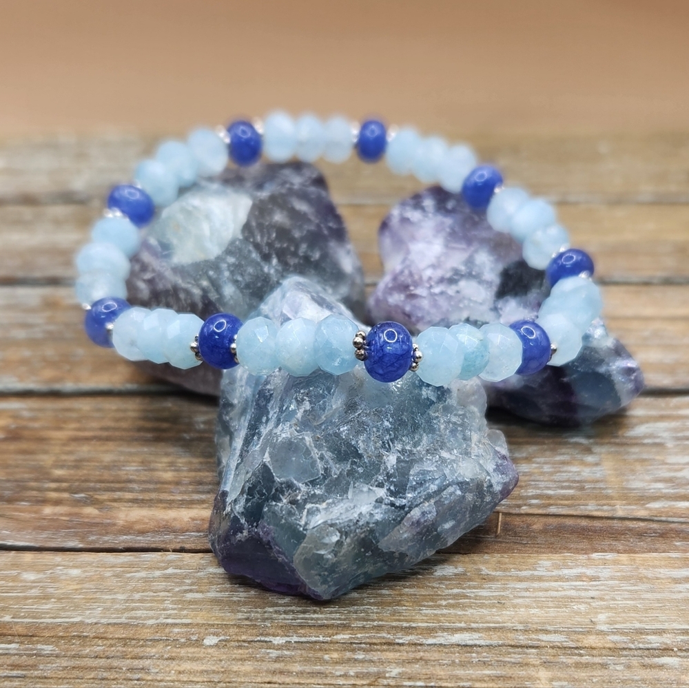 Aquamarine, Purple Jade and Sterling Silver Beaded Bracelet